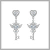 Clear heart key angel earrings