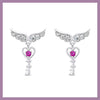 Pink heart key drop wing earrings
