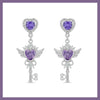Purple heart key angel earrings